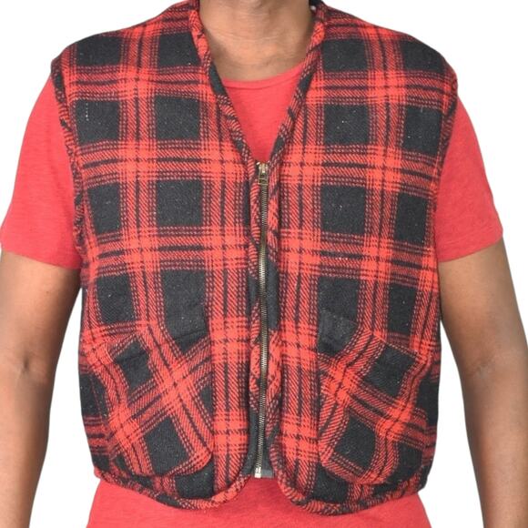 Vintage Flannel Vest Red Buffalo Plaid Sherpa Zip Front Fleece Wool Retro Large - Picture 10 of 12